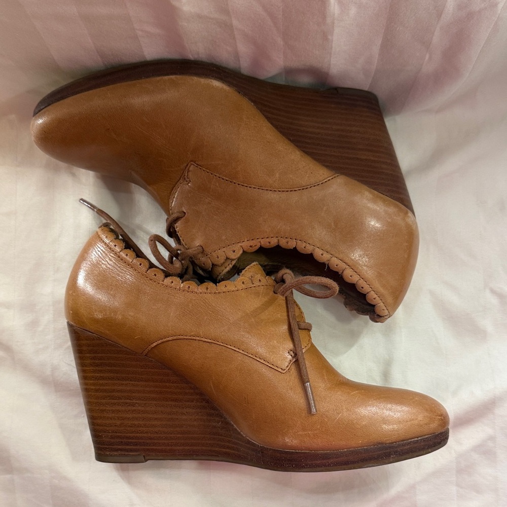Jack Rogers Sz 6.5 Women’s Cognac Leather Lace-Up Wedge Ankle Booties